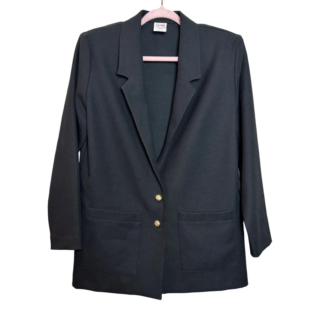 Graff Californiawear Womens 6 Black Blazer‎ Gold Button Classic Boxy 80s Chic